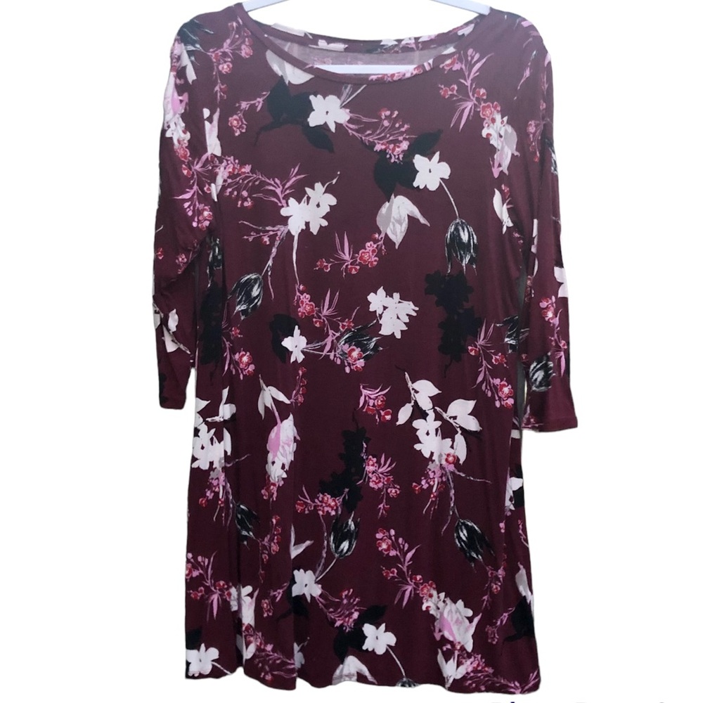 Floral Maroon Blouse Sz XL 3/4 Sleeve